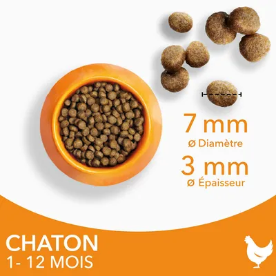 Croquettes pour chaton 1–12 mois, diamètre 7 mm, épaisseur 3 mm, présentées dans une gamelle orange et en gros plan. Illustration d’une poule en bas à droite.