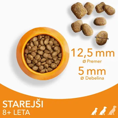 Briketi za starejše pse, premer 12,5 mm, debelina 5 mm. Besedilo: STAREJŠI 8+ LETA. Prikazana skleda s hrano in posamezni briketi.