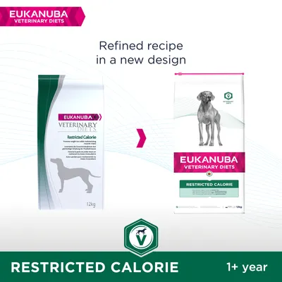 Eukanuba Veterinary Diets Restricted Calorie food shown with old and new packaging, text states 'Refined recipe in a new design', suitable for 1+ year, restricted calorie formula.