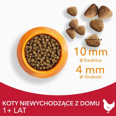 Karma dla kotów niewychodzących z domu 1+ lat, średnica granulki 10 mm, grubość 4 mm, widoczne kształty i rozmiary krokietów oraz miska z karmą. Symbol kurczaka.