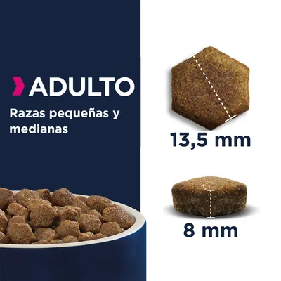 Pienso para perros adultos, razas pequeñas y medianas. Tamaño de croqueta: 13,5 mm de ancho y 8 mm de alto. Imagen de bol con croquetas.