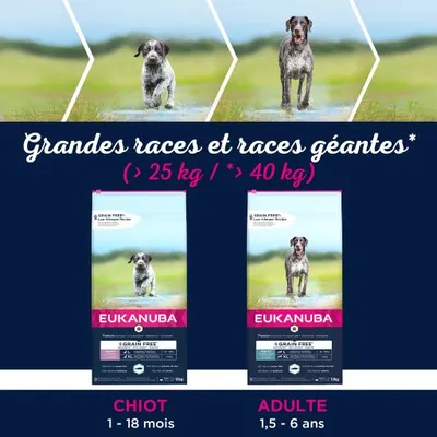EUKANUBA grandes races et races géantes, chiot 1–18 mois, adulte 1,5–6 ans, sacs de croquettes visibles, pour chiens >25 kg et >40 kg selon l’âge indiqué.