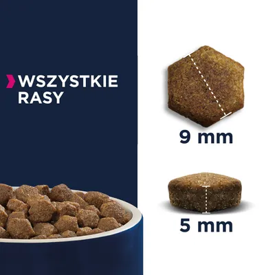 Karma sucha w misce, przekrój granulki o wymiarach: szerokość 9 mm, wysokość 5 mm. Tekst: wszystkie rasy.