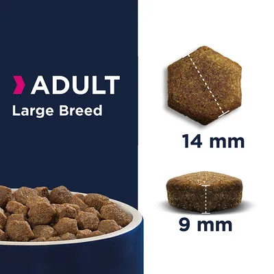 ADULT Large Breed, bild på torrfoderkulor i skål samt närbild på en kula med mått: 14 mm i diameter och 9 mm i höjd.