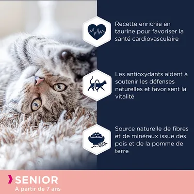 Recette enrichie en taurine, antioxydants pour les défenses naturelles et vitalité, fibres et minéraux des pois et pommes de terre. Senior à partir de 7 ans.