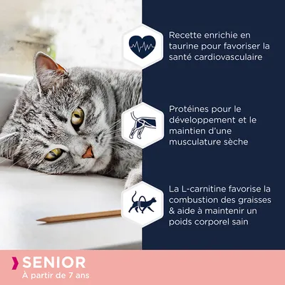 Recette enrichie en taurine pour la santé cardiovasculaire, protéines pour le maintien musculaire, L-carnitine pour la combustion des graisses. Senior à partir de 7 ans.