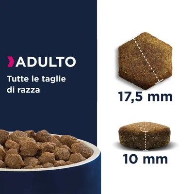 Crocchette per cani adulti, tutte le taglie di razza. Dimensioni visibili: 17,5 mm di larghezza e 10 mm di altezza.