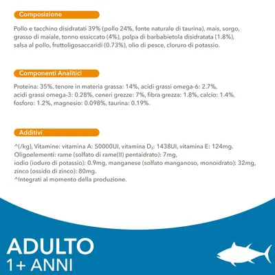 Composizione, componenti analitici e additivi di alimento per adulti 1+ anni: pollo e tacchino disidratati 39 %, proteina 35 %, grassi 14 %, vitamine A, D₃, E, oligoelementi elencati.