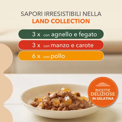 Sapori irresistibili nella Land Collection: 3x con agnello e fegato, 3x con manzo e carote, 6x con pollo. Ricette deliziose in gelatina.