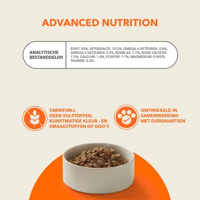Advanced Nutrition. Analytische bestanddelen: eiwit 35%, vetgehalte 12,5%, omega-6 2,4%, omega-3 0,3%, ruwe as 7,1%, vezel 1,5%, calcium 1,4%, fosfor 1,1%. Tarwevrij. Ontwikkeld met dierenartsen.
