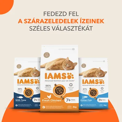 IAMS macskaeledel csomagolások: With Tuna, with Fresh Chicken, Ocean Fish, 3 kg, 7+ years. Fedezd fel a szárazeledelek ízeinek széles választékát felirat látható.