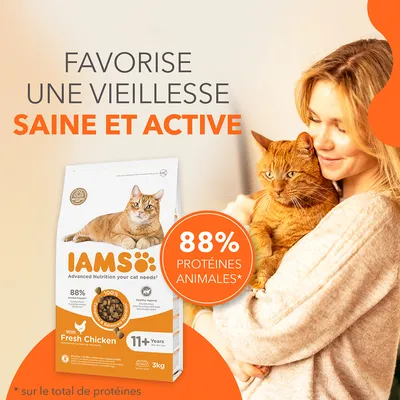 Croquettes IAMS pour chat 11+ ans, avec poulet frais, 88 % protéines animales, favorise une vieillesse saine et active, sac de 3 kg visible, chat roux dans les bras d’une personne.