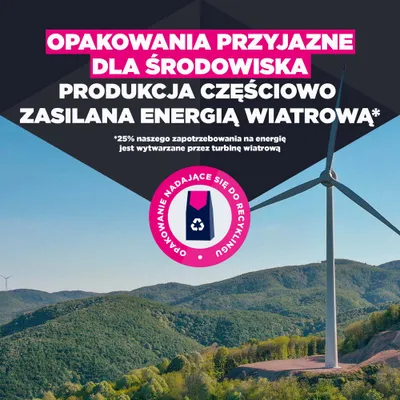 Przyjazne dla środowiska opakowanie, produkcja częściowo zasilana energią wiatrową. 25% zapotrzebowania na energię pokrywane przez turbinę wiatrową. Opakowanie nadaje się do recyklingu. Przyjazne dla środowiska opakowanie, produkcja częściowo zasilana energią wiatrową. 25% zapotrzebowania na energię pokrywane przez turbinę wiatrową. Opakowanie nadaje się do recyklingu.