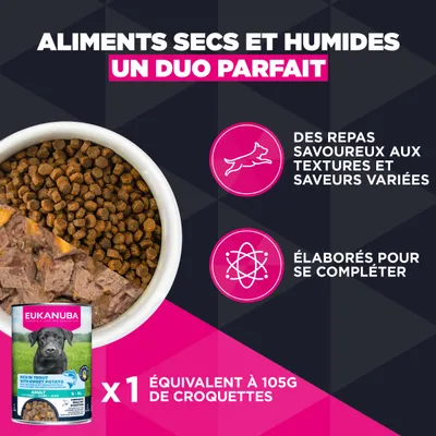 Eukanuba aliments secs et humides, un duo pour des repas variés. 1 boîte équivaut à 105 g de croquettes. Conçu pour compléter différentes textures et saveurs.