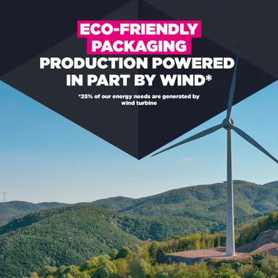 Environmentally friendly packaging. Production partially powered by wind energy, with 25% of energy requirements covered by wind turbines. Environmentally friendly packaging. Production partially powered by wind energy, with 25% of energy requirements covered by wind turbines.