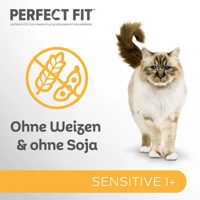 Perfect Fit kissanruoka Sensitive 1+, ilman vehnää ja soijaa. Tukee kehon kokonaisvaltaista terveyttä.