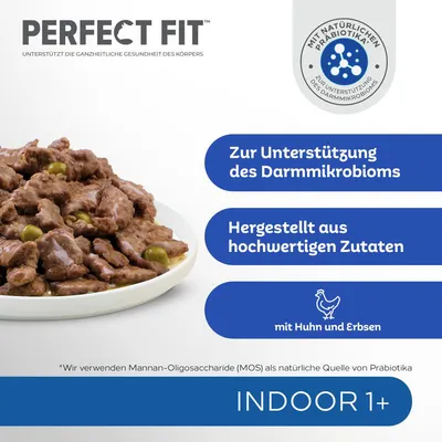 Perfect Fit Indoor 1+ kanaa ja herneitä. Tukee suoliston mikrobistoa luonnollisilla prebiooteilla. Valmistettu laadukkaista ainesosista.