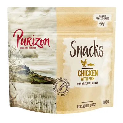 Purizon Snacks Chicken with Fish, 100% meat, fish & liver, gently freeze-dried, 0% grain, for adult dogs, opakowanie 100 g. Widoczne napisy po angielsku.