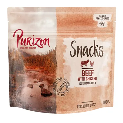 Purizon Snacks Naudanliha ja Kana, 100 % lihaa & maksaa, hellävaraisesti pakastekuivattu, 100 g, aikuisille koirille, 0 % viljaa, 100 % herkullinen.