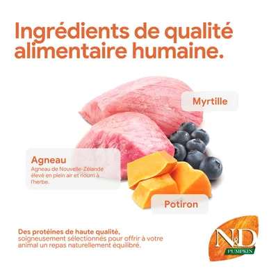 Ingrédients : agneau de Nouvelle-Zélande, myrtilles, potiron. Protéines de haute qualité pour une alimentation équilibrée des animaux. Marque : N&D Pumpkin. Ingrédients : agneau de Nouvelle-Zélande, myrtilles, potiron. Protéines de haute qualité pour une alimentation équilibrée des animaux. Marque : N&D Pumpkin.