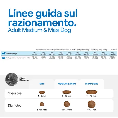 Razioni consigliate per adult medium & maxi dog: quantità giornaliere in base al peso, dimensioni e diametro delle crocchette per mini, medium & maxi, maxi giant. Confronto con una moneta da 24 mm. Razioni consigliate per adult medium & maxi dog: quantità giornaliere in base al peso, dimensioni e diametro delle crocchette per mini, medium & maxi, maxi giant. Confronto con una moneta da 24 mm.