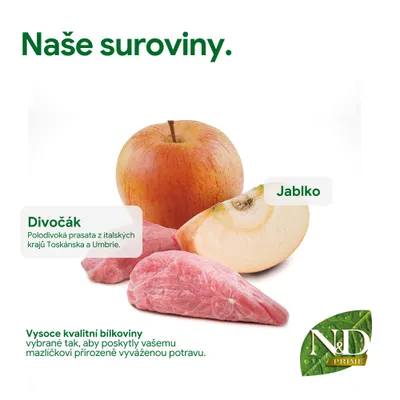 Ingredience: divočák z Toskánska a Umbrie, jablko. Kvalitní proteiny pro vyváženou výživu zvířat. Značka: N&D Prime. Ingredience: divočák z Toskánska a Umbrie, jablko. Kvalitní proteiny pro vyváženou výživu zvířat. Značka: N&D Prime.