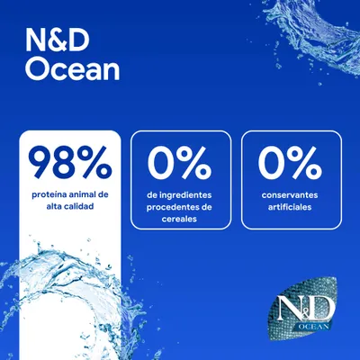 N&D Ocean: 98 % de proteína animal, 0 % de ingredientes de cereales, 0 % de conservantes artificiales.