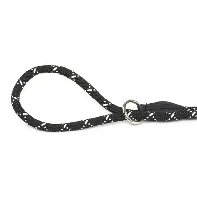 Black dog lead made of braided material with white accents and metal ring.