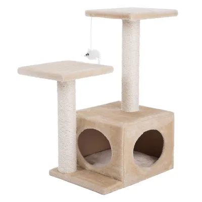 Tiragraffi beige con due piattaforme, colonna in sisal, cubo con due ingressi circolari e topo gioco appeso. Struttura rivestita in tessuto.
