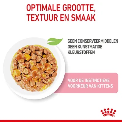 Optimale grootte, textuur en smaak. Geen conserveermiddelen, geen kunstmatige kleurstoffen. Voor de instinctieve voorkeur van kittens.