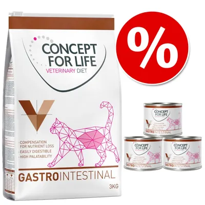 Concept for Life Veterinary Diet Gastro Intestinal cat food, 3kg bag and three tins. Visible text: compensation for nutrient loss, easily digestible, high palatability. Percentage discount symbol.