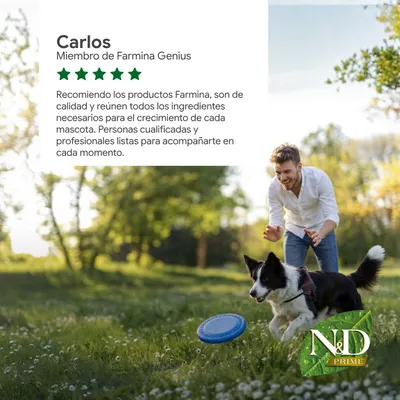 Reseña de Carlos, miembro de Farmina Genius: 5 estrellas. Recomendación de los productos Farmina por su calidad y los ingredientes esenciales para el crecimiento de cada tipo de mascota. Logo de ND Prime visible.