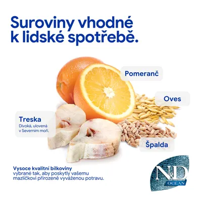 Ingredience: pomeranč, oves, treska z Severního moře, špalda. Kvalitní proteiny pro vyváženou výživu zvířat. N&D Ocean. Ingredience: pomeranč, oves, treska z Severního moře, špalda. Kvalitní proteiny pro vyváženou výživu zvířat. N&D Ocean.