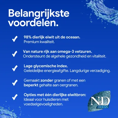 Belangrijkste voordelen: 98% dierlijk eiwit uit de oceaan, rijk aan omega-3-vetzuren, lage glycemische index, zonder of met weinig granen, enkele dierlijke eiwitbron. Belangrijkste voordelen: 98% dierlijk eiwit uit de oceaan, rijk aan omega-3-vetzuren, lage glycemische index, zonder of met weinig granen, enkele dierlijke eiwitbron.