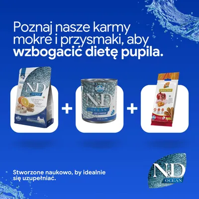 Farmina N&D Ocean karma sucha, mokra i przysmaki dentystyczne przedstawione obok siebie. Logo marki w prawym dolnym rogu. Farmina N&D Ocean karma sucha, mokra i przysmaki dentystyczne przedstawione obok siebie. Logo marki w prawym dolnym rogu.