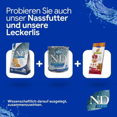Probieren Sie auch unser Nassfutter und unsere Leckerlis. Abgebildet: N&D Ocean Trockenfutter, Nassfutterdose und Dental Treats. Wissenschaftlich darauf ausgelegt, zusammenzuwirken.