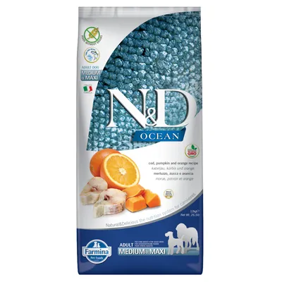 Farmina N&D Ocean alimento secco per cani adulti, merluzzo, zucca e arancia, adatto per razze Medium & Maxi. Senza OGM, prodotto in Italia.