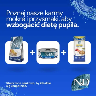 N&D Ocean karma sucha, karma mokra i przekąska obok siebie. Tekst: Stworzone naukowo, by idealnie się uzupełniać. N&D Ocean karma sucha, karma mokra i przekąska obok siebie. Tekst: Stworzone naukowo, by idealnie się uzupełniać.