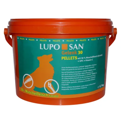 Кофа LUPO SAN Gelenk 30 PELLETS, 2,7 кг, с 30 % Muschelfleisch (екстракт), OPC и витамин C. Текстът на етикета е на немски език.