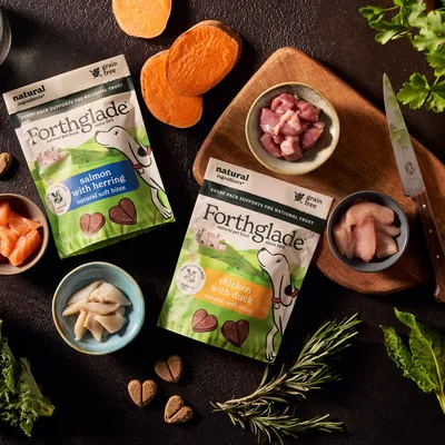 Forthglade natural soft bites pet food packs, salmon with herring and chicken with duck flavours, shown with heart-shaped treats and fresh ingredients including meat and vegetables.