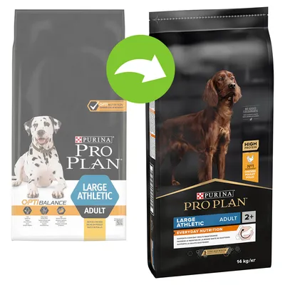 Confronto tra vecchio e nuovo packaging di Purina Pro Plan Large Athletic Adult, visibili diciture: OptiBalance, High Protein, No1 Chicken, 14 kg, per cani adulti taglia grande.