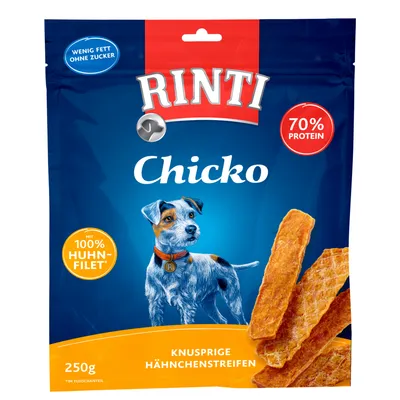 Rinti Chicko, hrustljivi trakovi piščanca, 250g. Iz 100% piščančjega fileja, 70% beljakovin, malo maščobe, brez sladkorja.