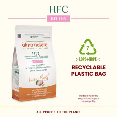 Almo Nature: HFC Kitten, kurczak, karma sucha, 1,2 kg + Kitten z kurczakiem, 6 x 70 g gratis!