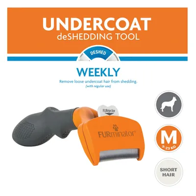 FURminator Undercoat deShedding Tool, tamaño M para perros de 9–23 kg y pelo corto. Uso semanal recomendado. Texto visible: FURjector, WEEKLY, SHORT HAIR.