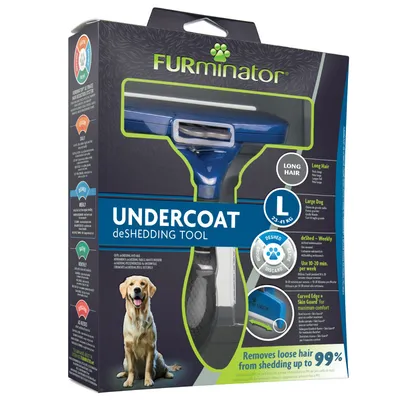 FURminator UNDERCOAT deSHEDDING TOOL за големи кучета с дълга козина, размер L 23–41 кг. Видим текст: Removes loose hair from shedding up to 99%.