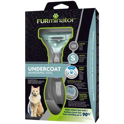 FURminator Undercoat deShedding Tool для маленьких кошек до 4,5 кг с длинной шерстью. Уменьшает количество выпадающих волос до 90%. Рекомендуется: 10–20 минут в неделю. Изогнутый край для комфорта.