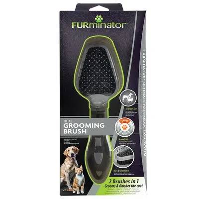 FURminator Dual Grooming Brush in verpakking, zichtbaar: borstel met harde en zachte haren, tekst '2 Brushes in 1', geschikt voor honden en katten, afbeelding hond en kat op doos.