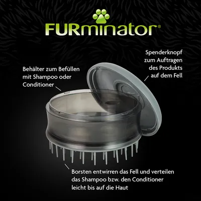 FURminator Behälter zum Befüllen mit Shampoo oder Conditioner, Spenderknopf zur Produktanwendung auf Fell, Borsten entwirren Fell und verteilen Shampoo bis auf die Haut.