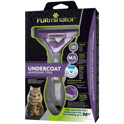 FURminator Undercoat deShedding Tool для средних/крупных кошек с длинной шерстью. Уменьшает количество выпавших волос до 90%. Рекомендуемое использование: 10–20 минут в неделю.