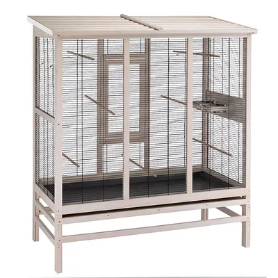 Large wooden birdcage with metal grid walls, multiple perches and pull-out base tray.